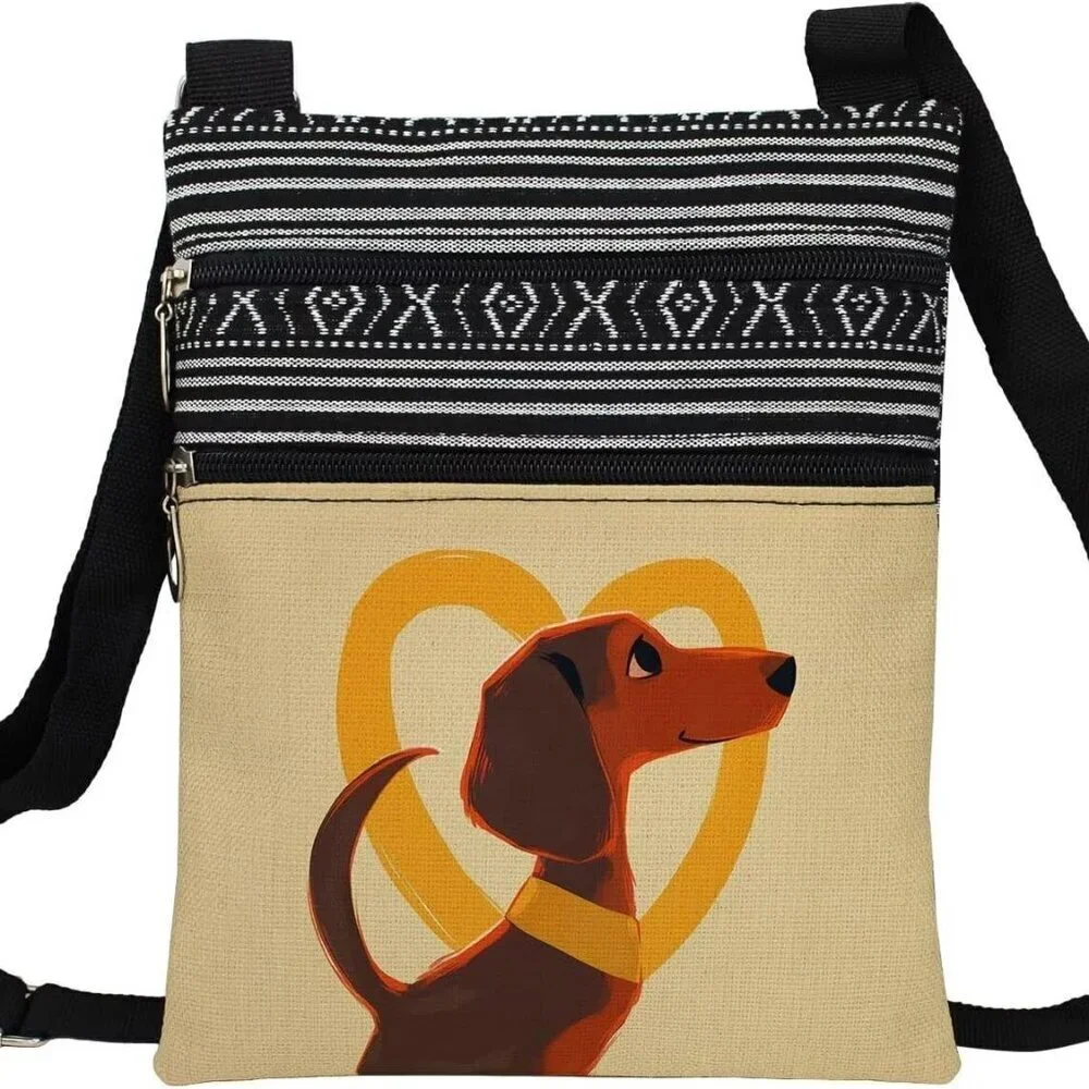 Heart Dachshund Crossbody Bag Small Ethnic Pattern Adjustable Strap